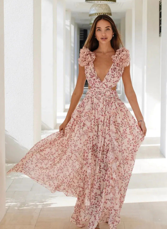 Summer Fashion Pastoral Print Backless Sexy Dresses