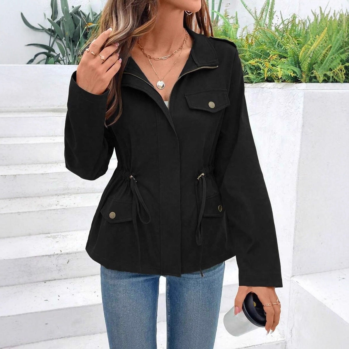 Women's Solid Color Long Sleeve Casual Drawstring Coats