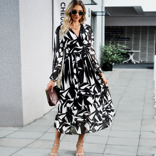 Classy Women's Autumn Vacation Casual Printing Dress