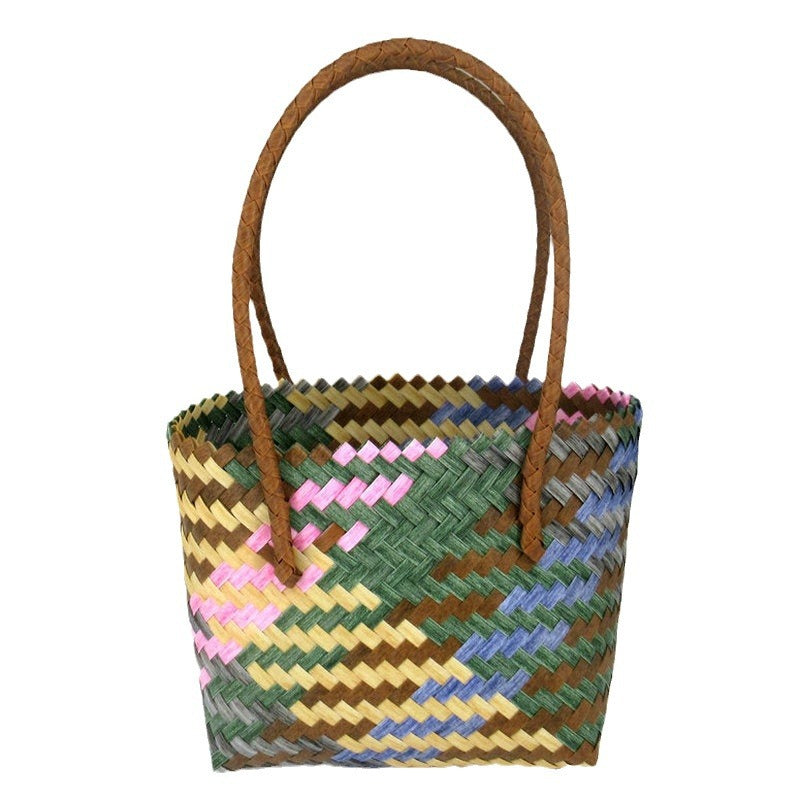 Color Woven Material Plastic Basket Vacation Handbags