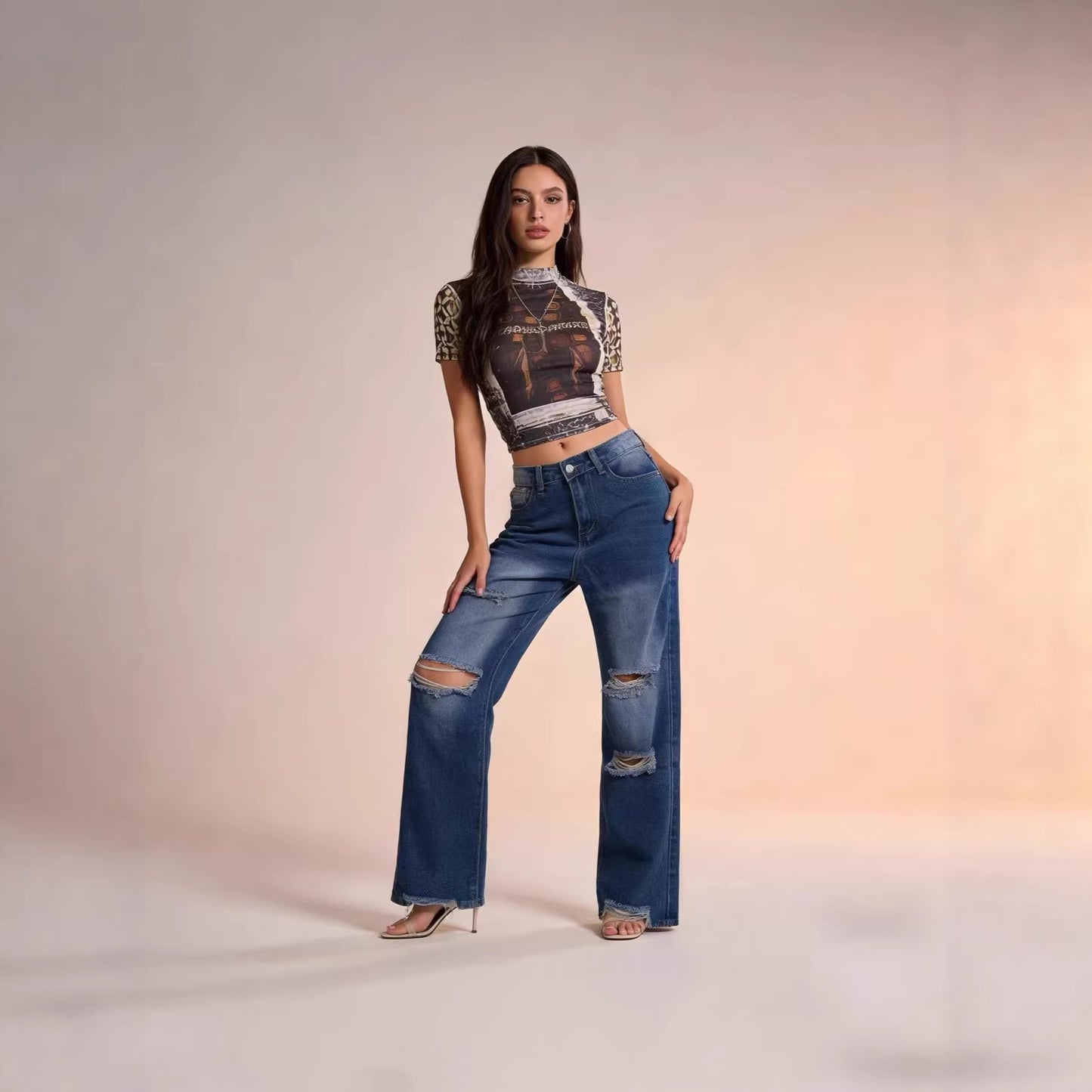 Women's Tassel Water Washed Hole Long Straight Women's Jeans