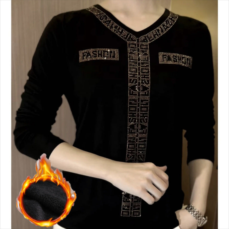 Women's Fleece-lined Thickened Winter Slimming Long-sleeved Rhinestone Women's T-shirt