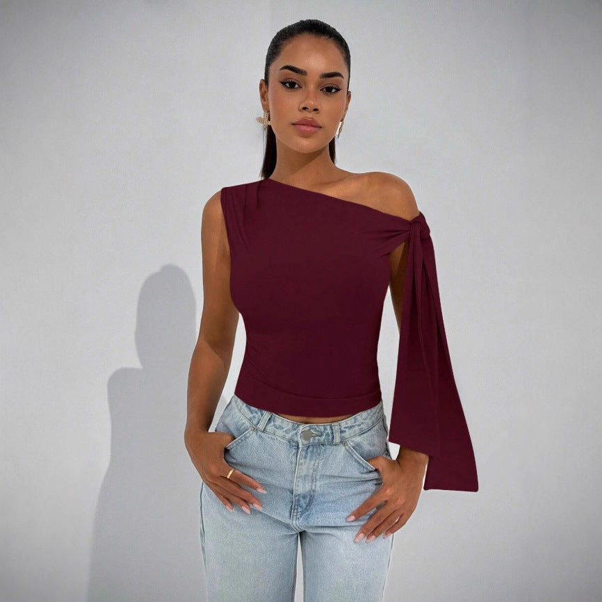 Women's Summer Fashion Street Shooting Ribbon Knot Oblique Tie Solid Color Women's T-shirt