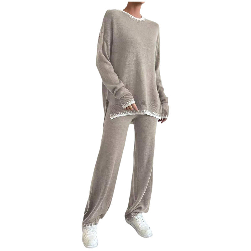 Women's Casual Contrast Color Knitted Trousers Two-piece Suits