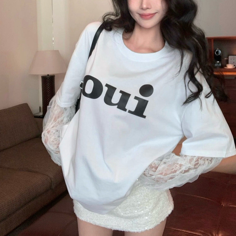 Hot Style Letter Sleeve Stitching T-shirt Female Blouses