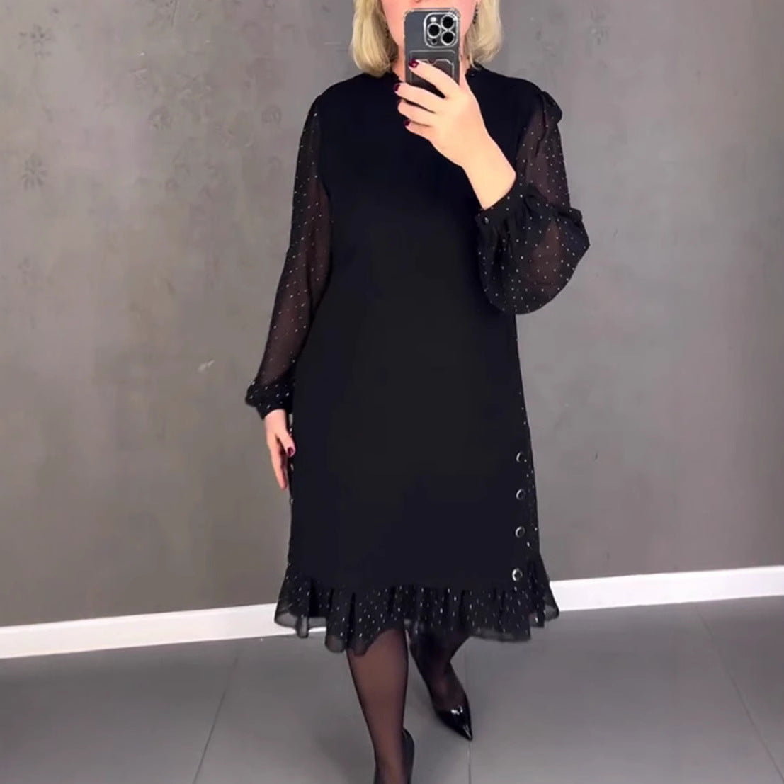 Women's Solid Color Round Neck Lace Stitching Dress