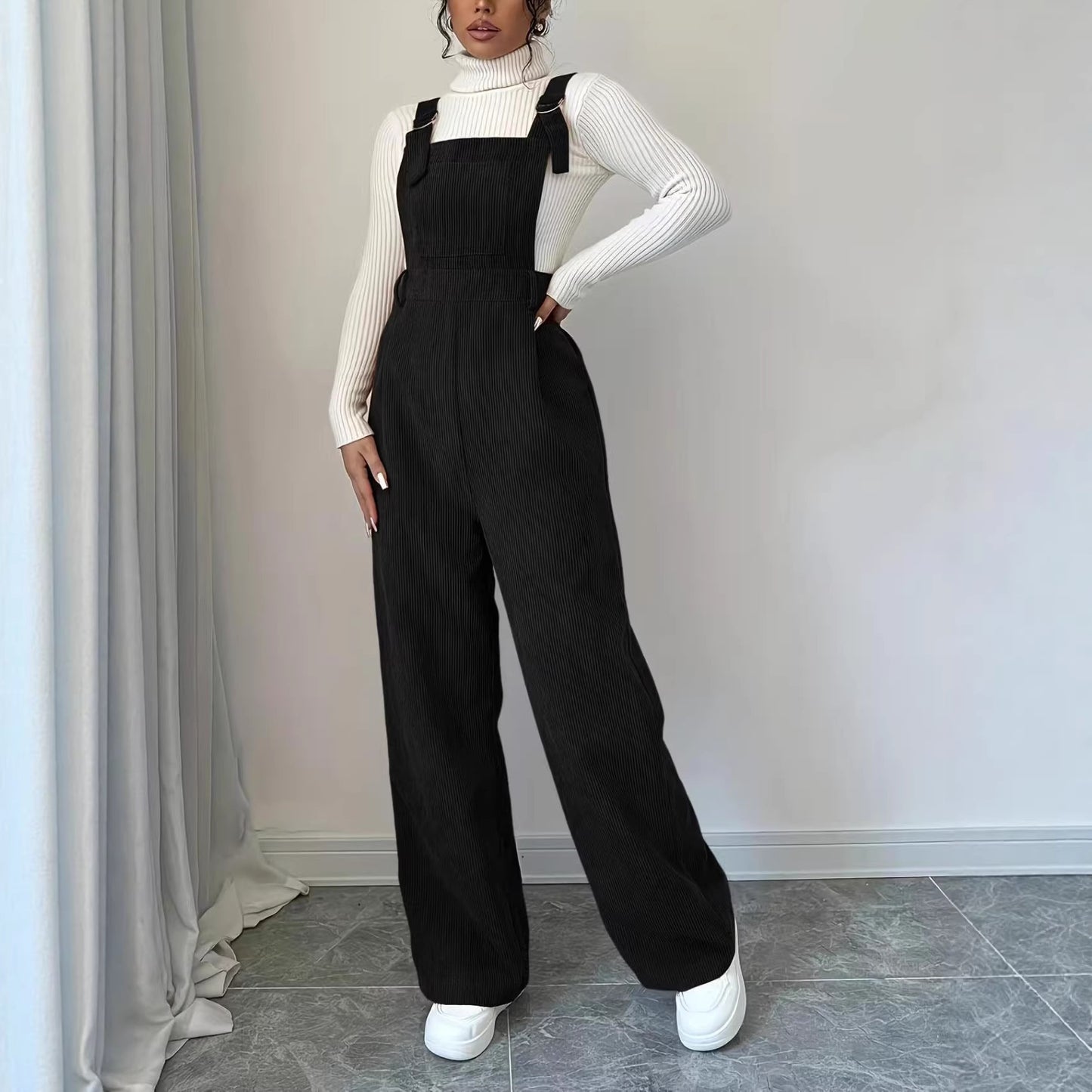Women's Corduroy Overalls Loose Straight Trousers Jumpsuits