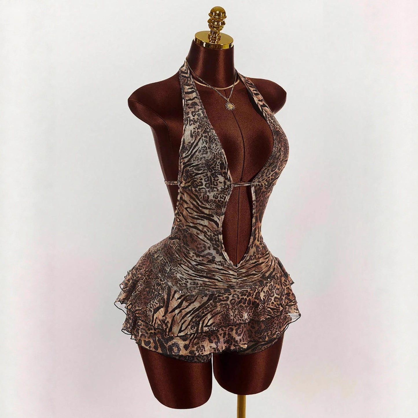 Leopard Print Halter Deep V Sexy Jumpsuits