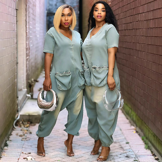 Women's Loose Fashion Personality Large Pocket Washed Jumpsuits