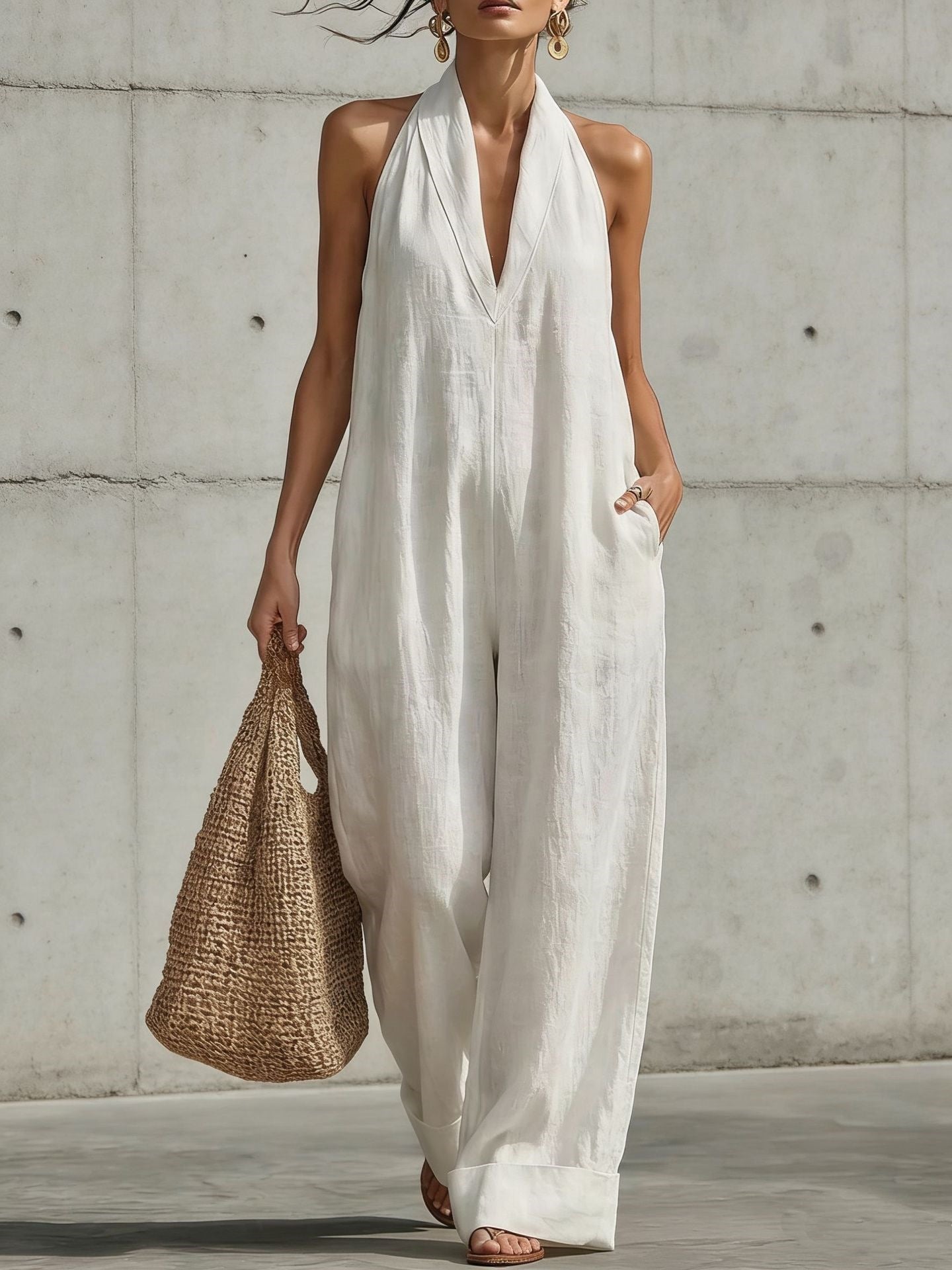 Women's Cotton Linen Simple Elegant Sleeveless Casual Women's Jumpsuit/clothing