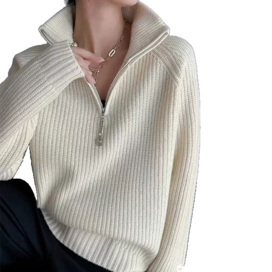 Women's Thick Fashion Design Lapel Zipper Solid Sweaters