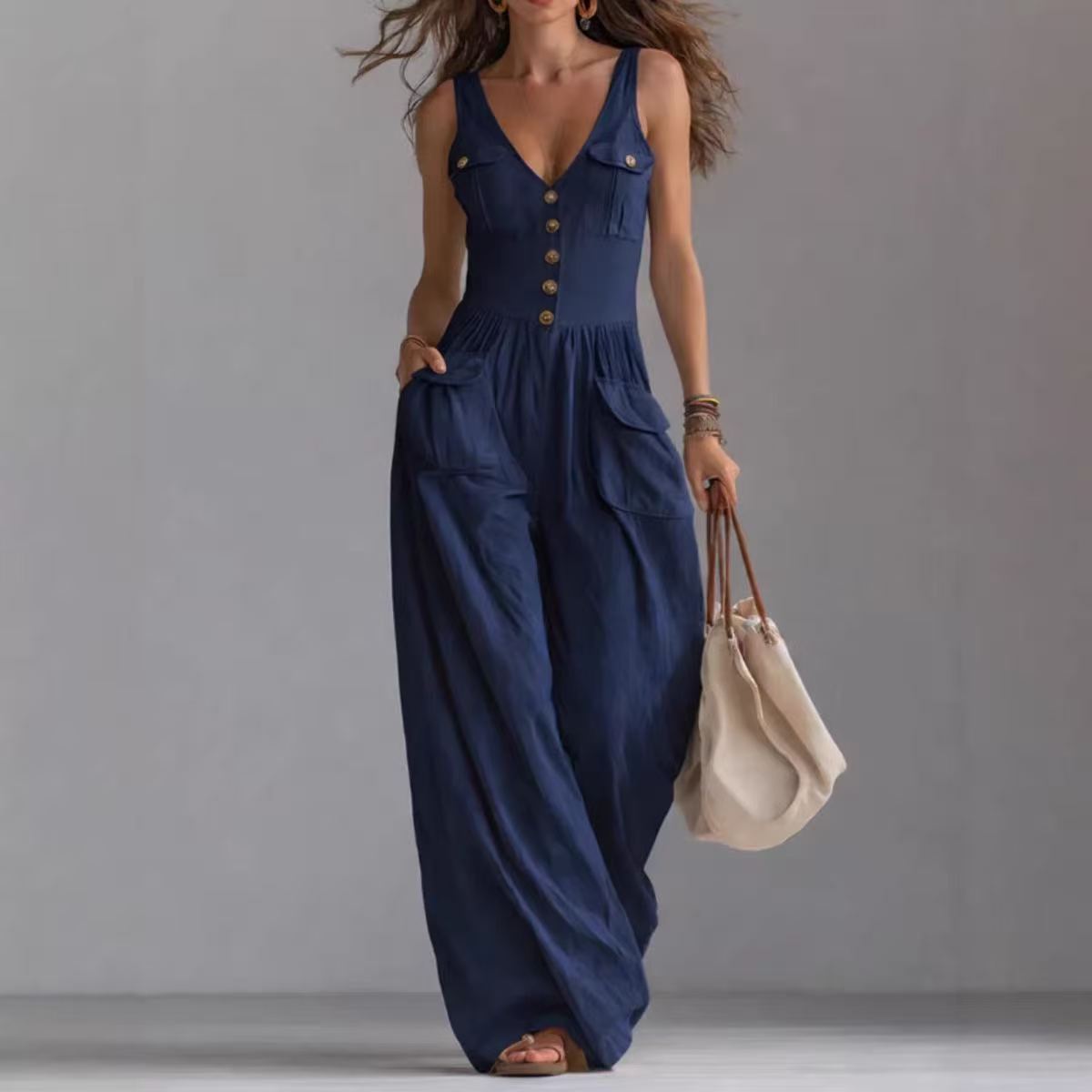Women's Summer Solid Color Buttons Loose Casual Women's Jumpsuit/clothing