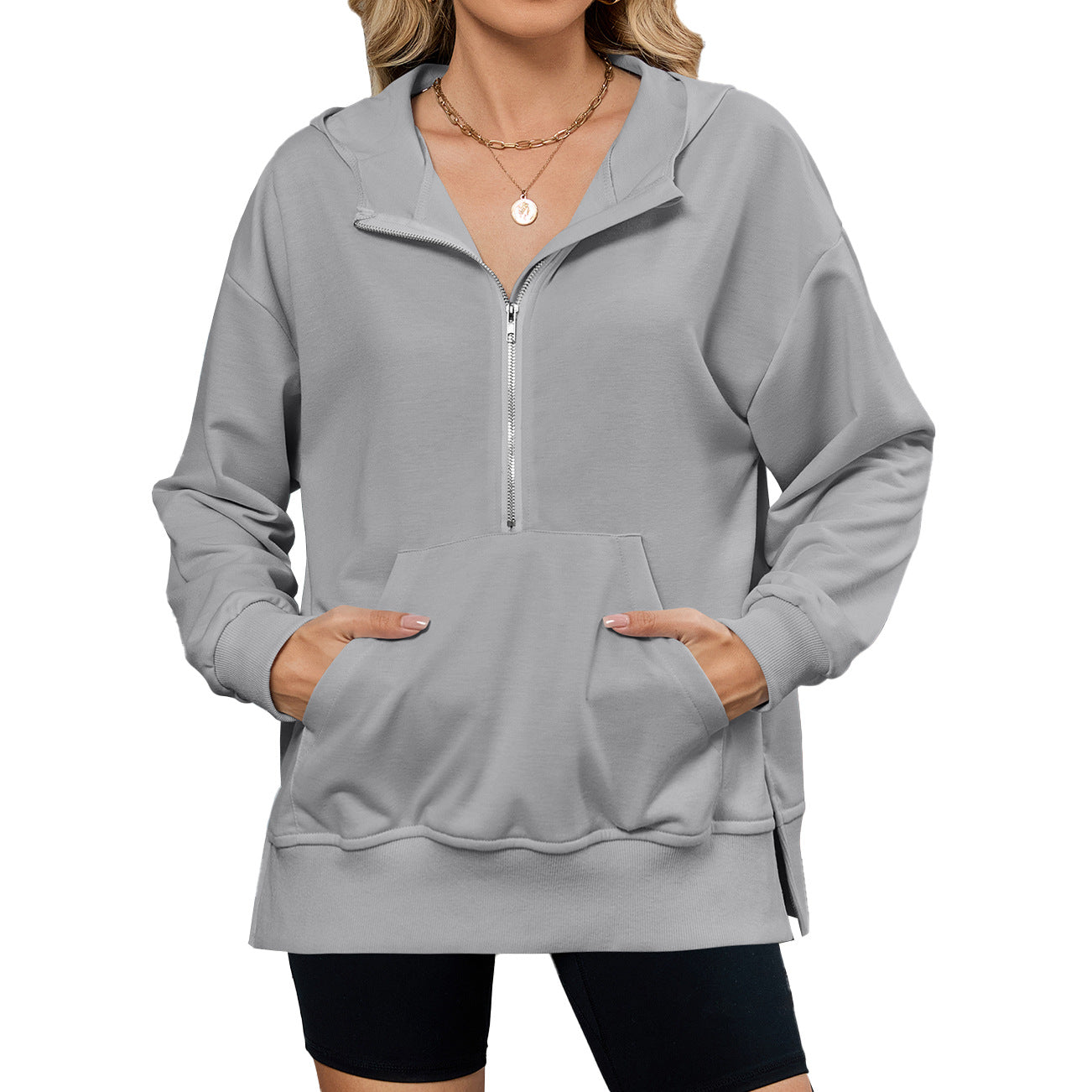 Women's Hooded Loose Long Sleeves Zipper Pocket Women's Sweater, Sweater