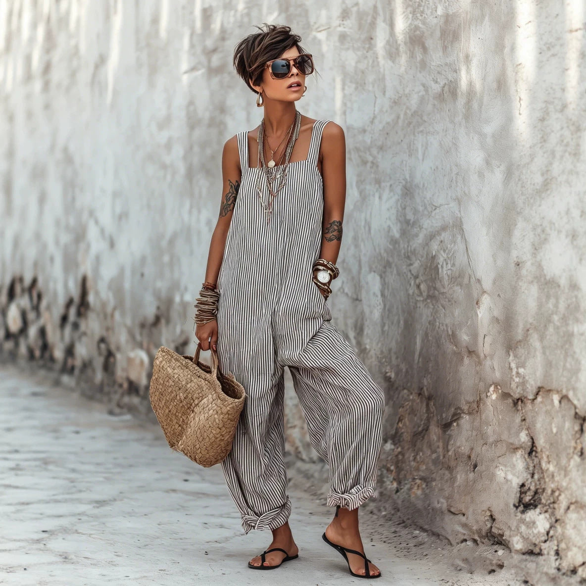 Women's Summer Idle Style Suspender Thin Stretchy Casual Beach Jumpsuits