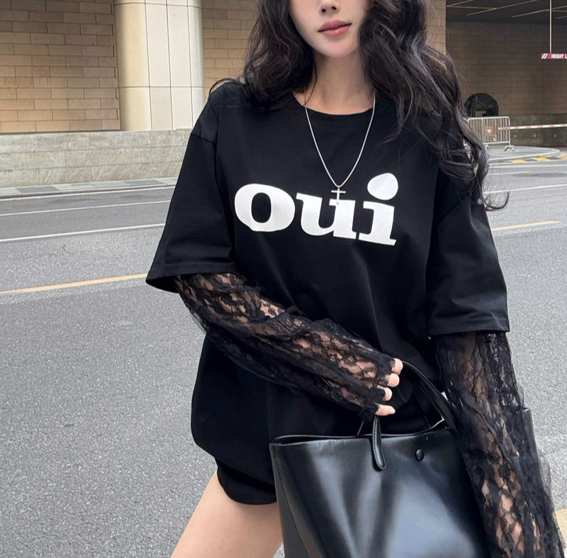 Hot Style Letter Sleeve Stitching T-shirt Female Blouses