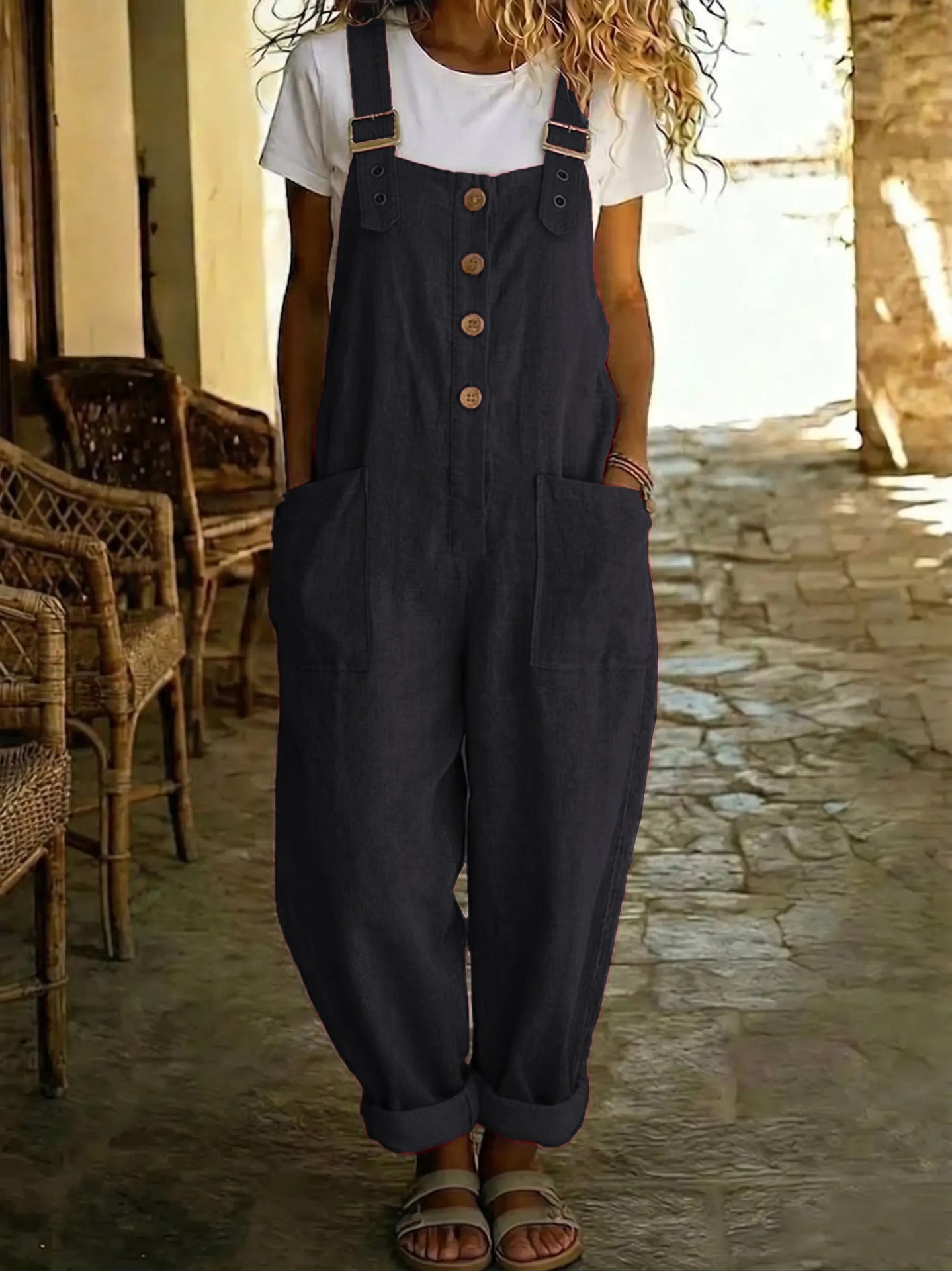Women's Summer Linen Solid Color Retro Pocket Straight Women's Jumpsuit/clothing