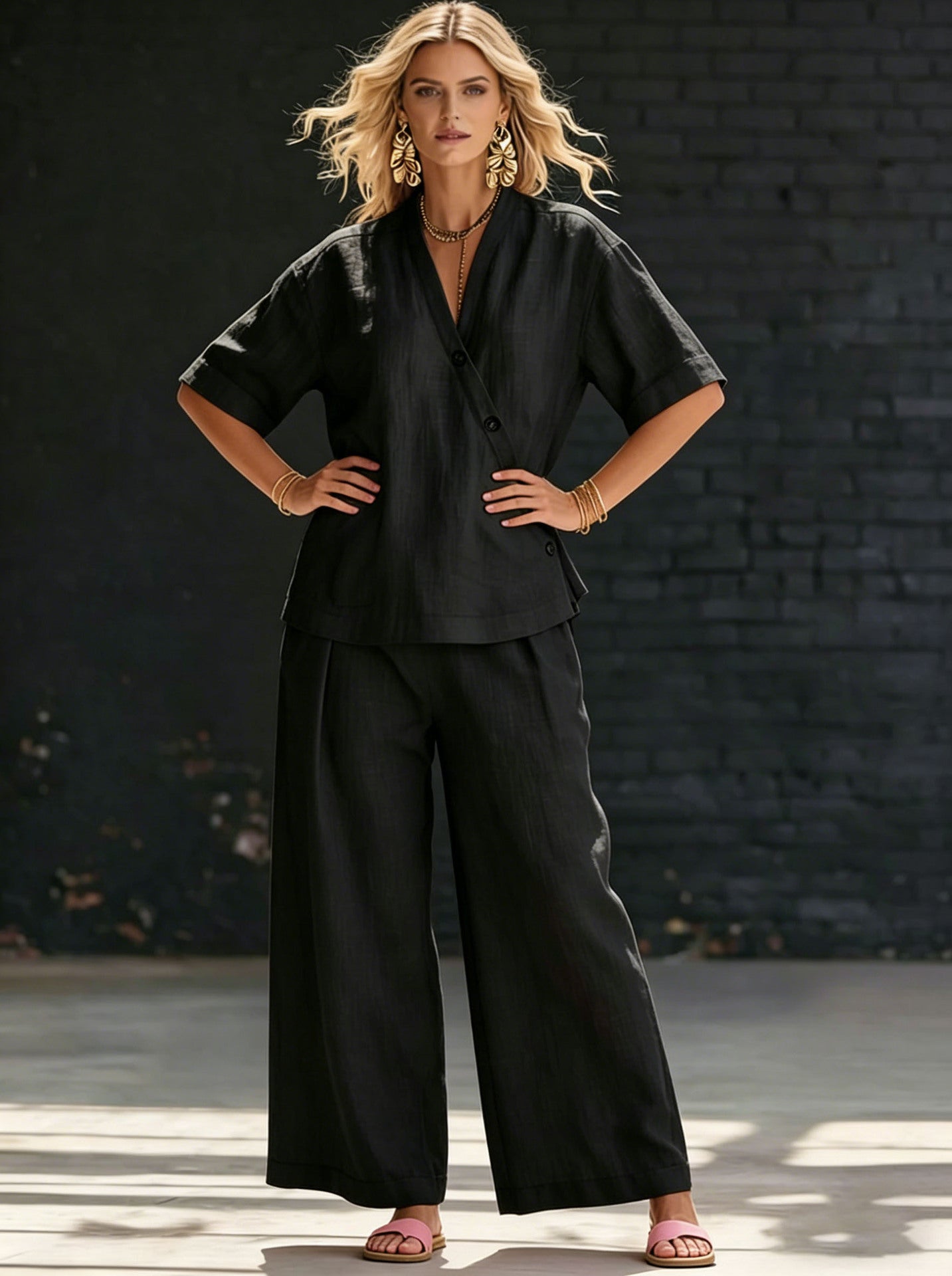 Women's Solid Color Loose Short-sleeved High Waist Trousers Fashion Casual Suit