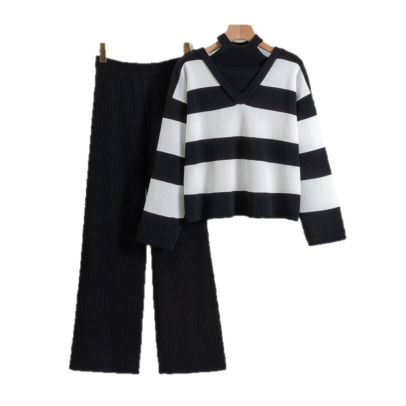 Women's Halter Fake Two-piece Knitted High Waist Wide Pants
