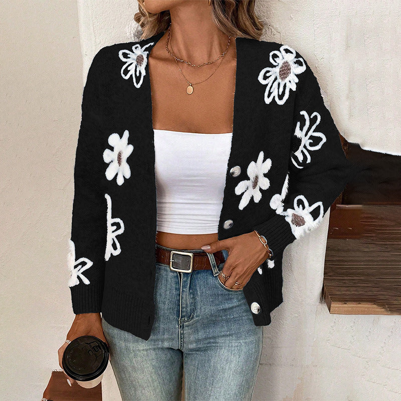 Durable Casual Flowers Print Button Front Sweaters