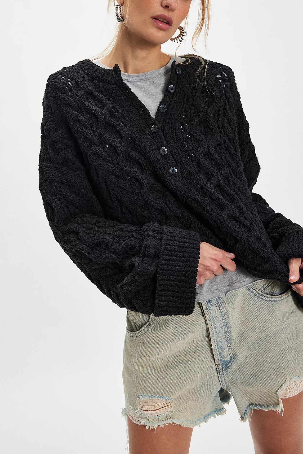 Women's Button Cable Loose-fitting Solid Color Pullover Sweaters