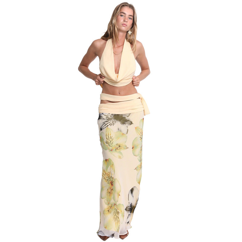 Women's Sexy Backless Halter Slim Print Long Suits