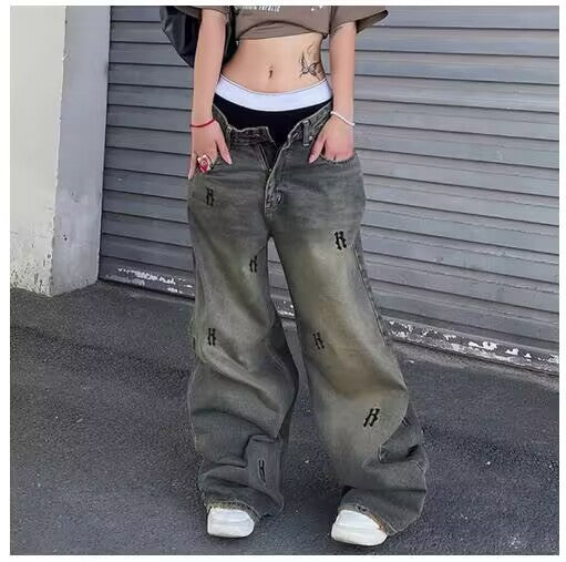 Women's Distressed Printed American Retro Easy Matching Long Low Waist Women's Jeans
