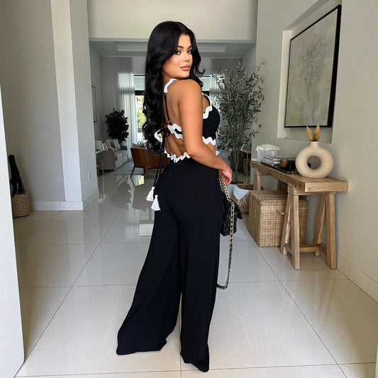 Women's Personalized Wave Line Stitching Sleeveless Jumpsuits