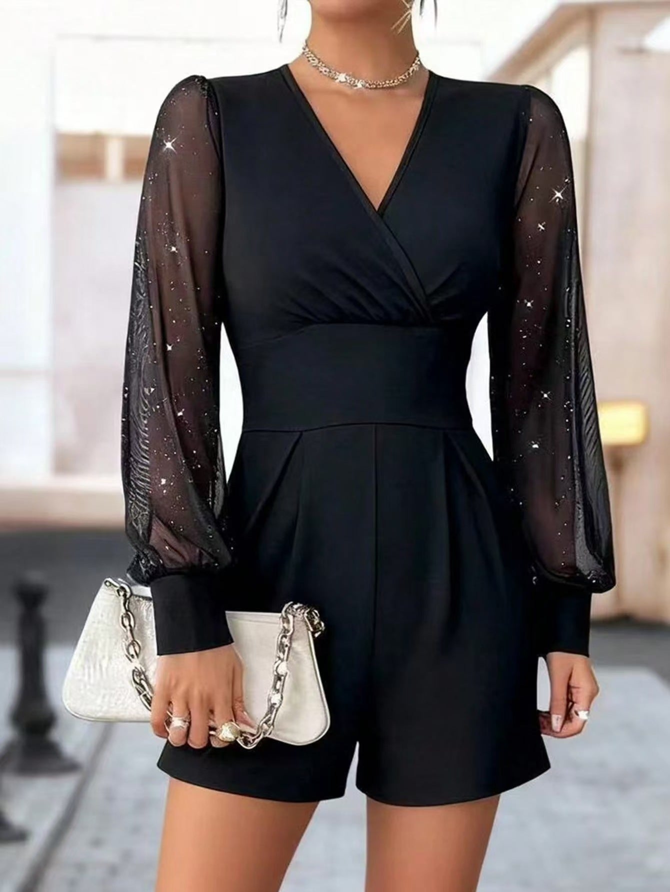 Collar Long Sleeves Sexy Mesh Stitching Jumpsuits