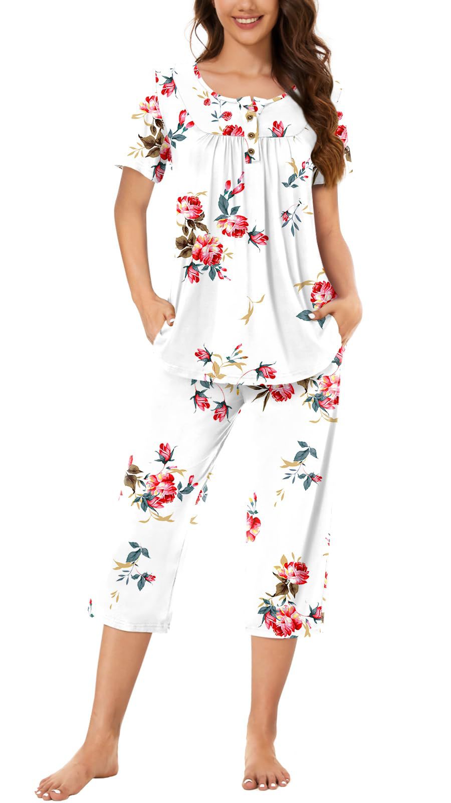Women's Pajamas T-shirt Button Round Neck Printed Pants