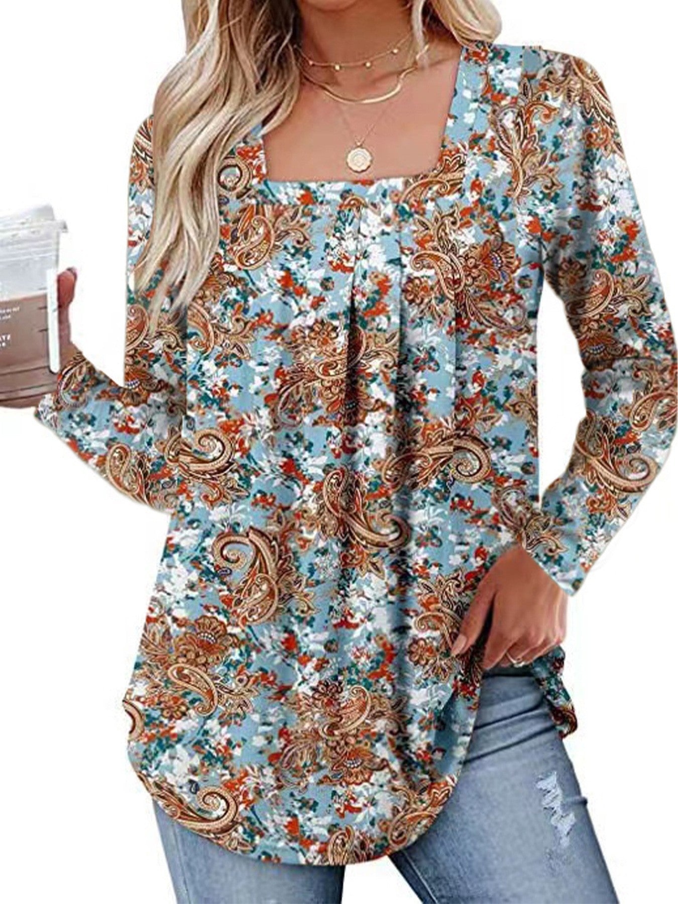 Women's Bohemian Style Ladies Pleated Square Collar Long Sleeve Swallowtail Women's T-shirt