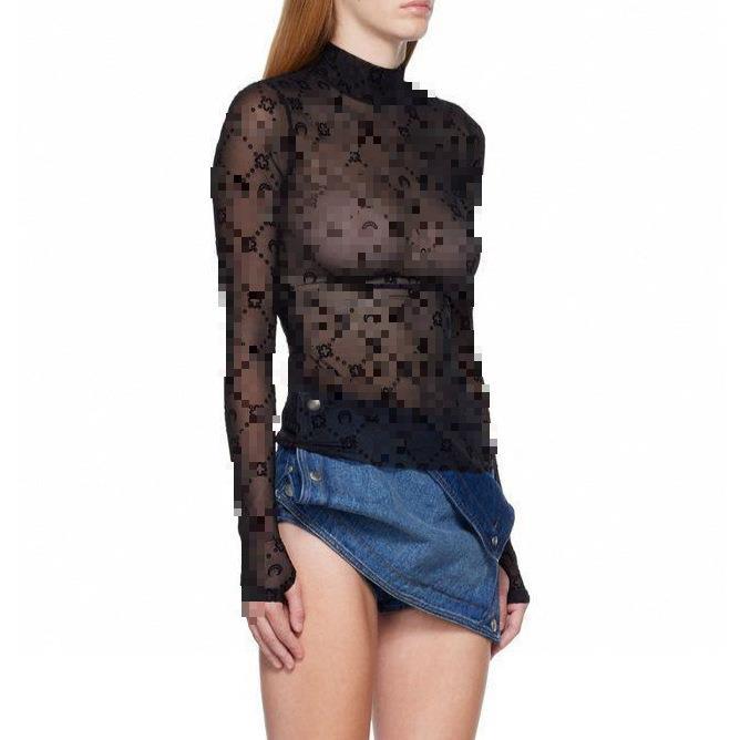 Women's Transparent Sexy Flocking Thin Half Turtleneck Blouses