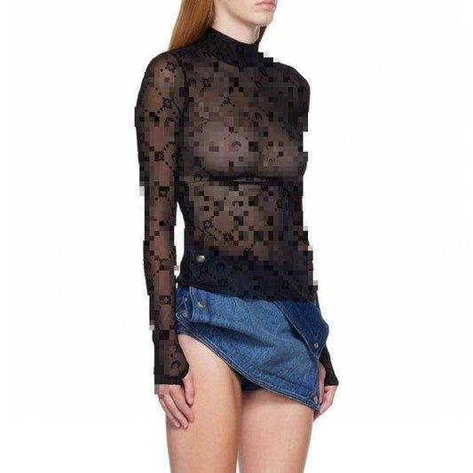 Women's Transparent Sexy Flocking Thin Half Turtleneck Blouses
