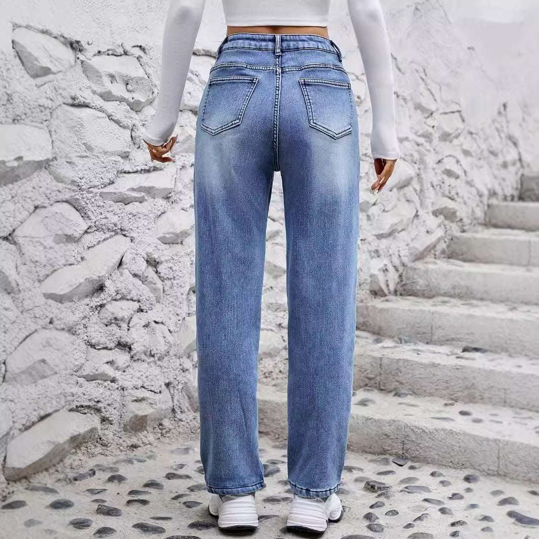 Women's Stretch Fleece Straight Slimming Denim Trousers Jeans
