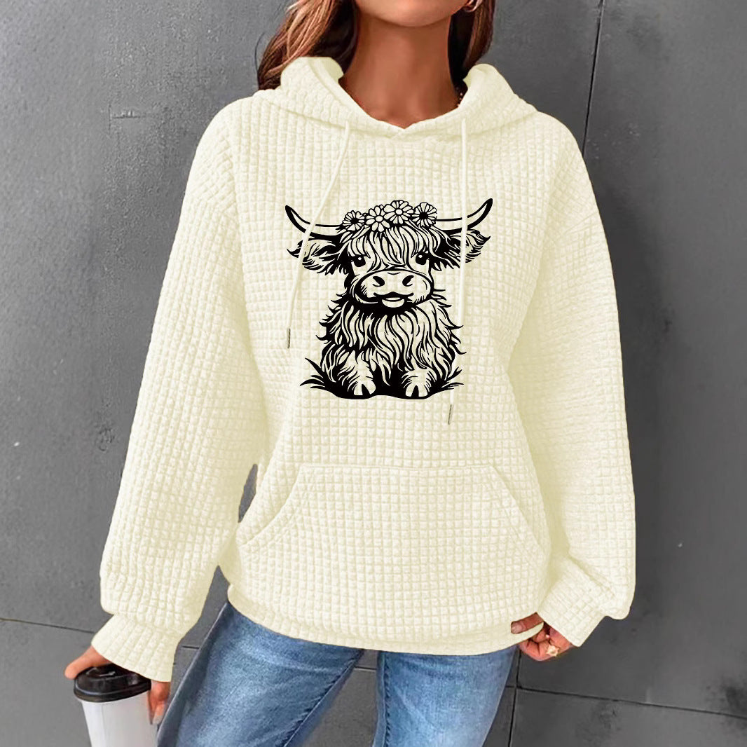 Women's Hooded Long Sleeve Fleece Pullover Highland Cow Women's Sweater, Sweater