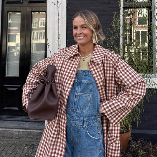 Women's Temperament Elegant Loose Lapel Plaid Long Coats