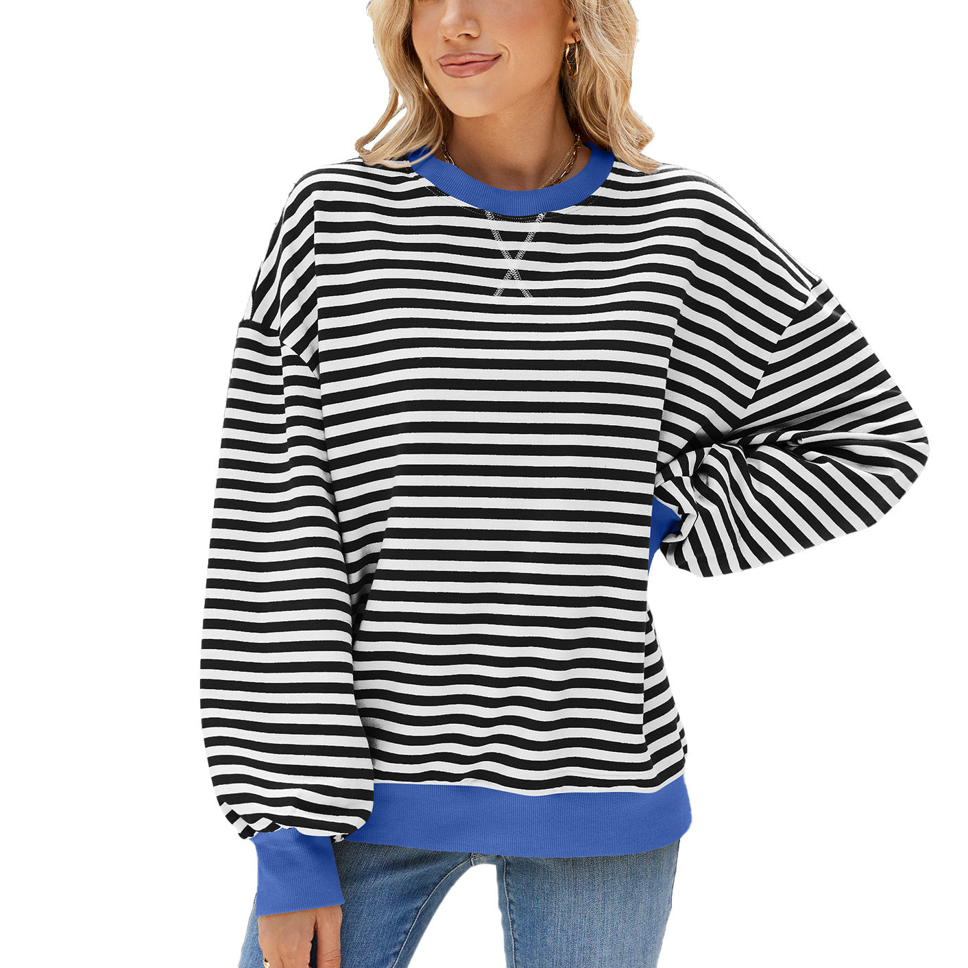 Women's Round Neck Contrast Color Loose Long Sleeve Women's Sweater, Sweater