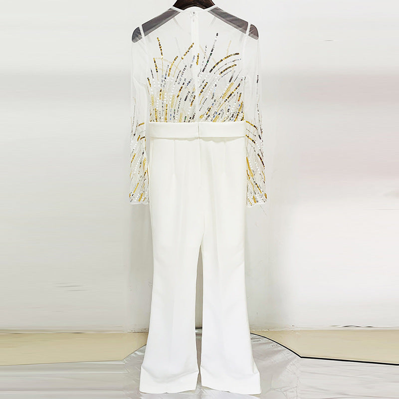 Attractive Fashion Mesh Patchwork Sequin Bead Women's Jumpsuit/clothing