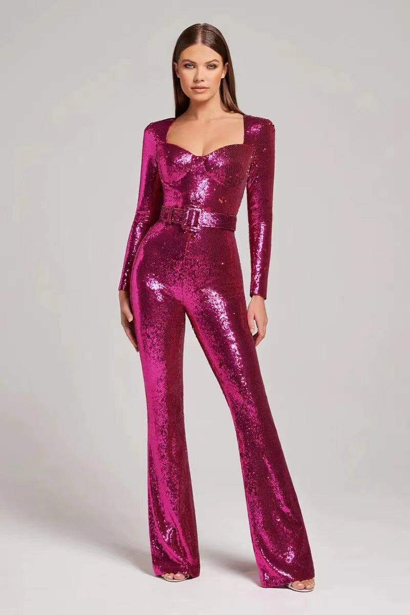 Women's Long-sleeved Belt Mopping Sequined Dress Fashion Jumpsuits