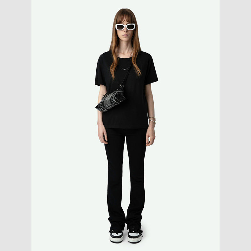Women's Niche Front Wings Rhinestone Hem Letter Printing Blouses