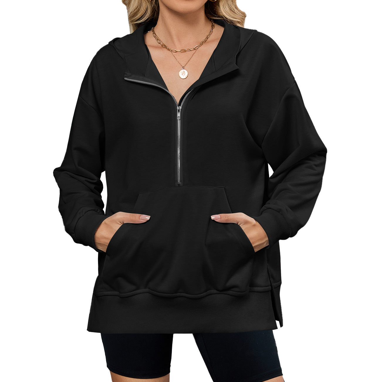 Women's Hooded Loose Long Sleeves Zipper Pocket Women's Sweater, Sweater
