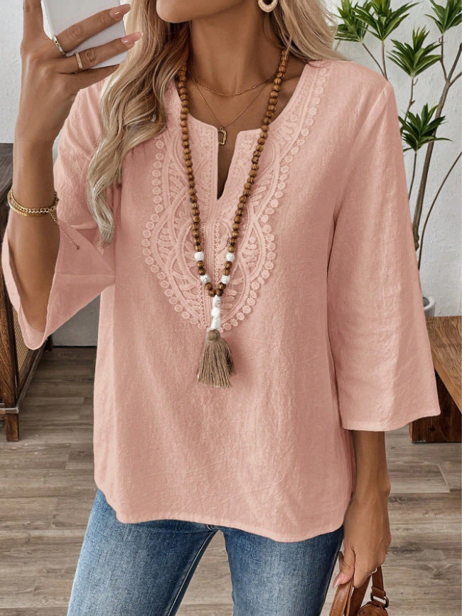 Women's Loose Solid Color Lace Stitching Sleeve Women's T-shirt