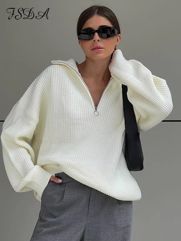 Women's Elegant Loose Zip Casual Knitted Sweaters