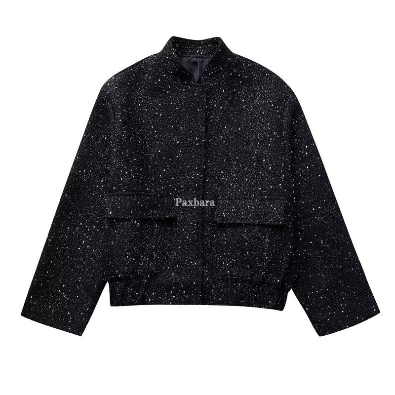 Women's Sequined Stand Collar Pocket Decoration Long Jackets