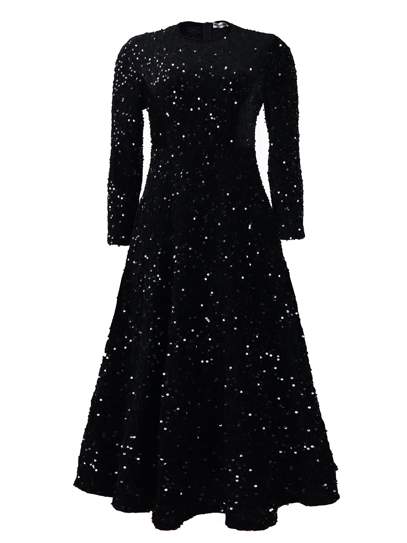 Women's Neck Long Sleeve Pure Color Sequins High Waist Temperament Mid-length Dress