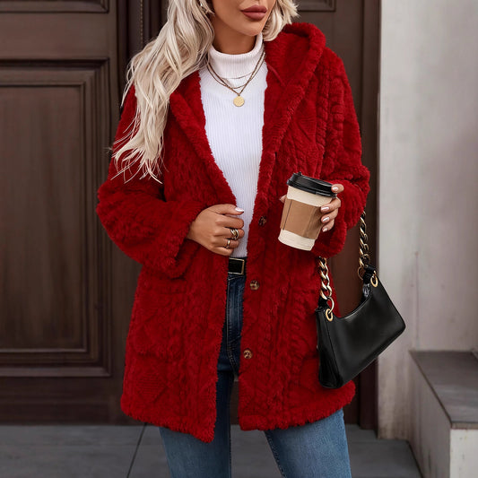 Hooded Solid Color Button Long Sleeve Women's Sweater, Sweater