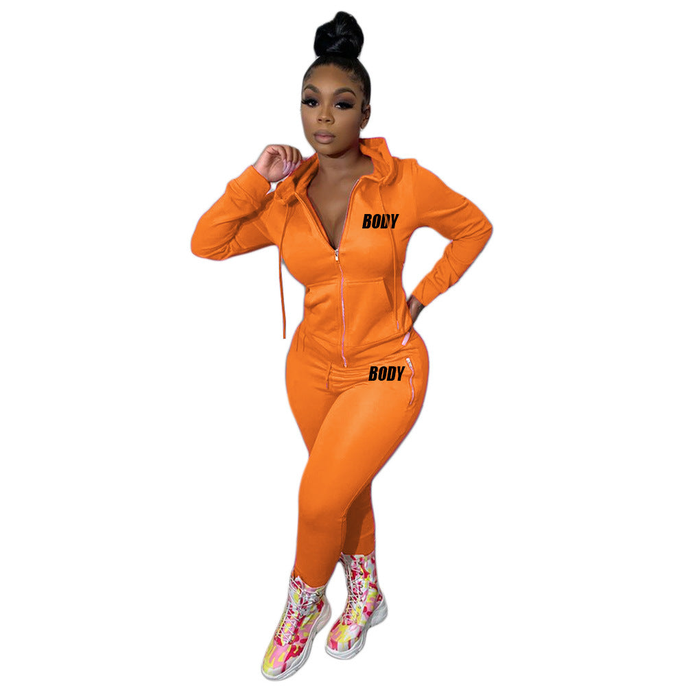 Women's Autumn Letters Printing Personality Zipper Two-piece Suits