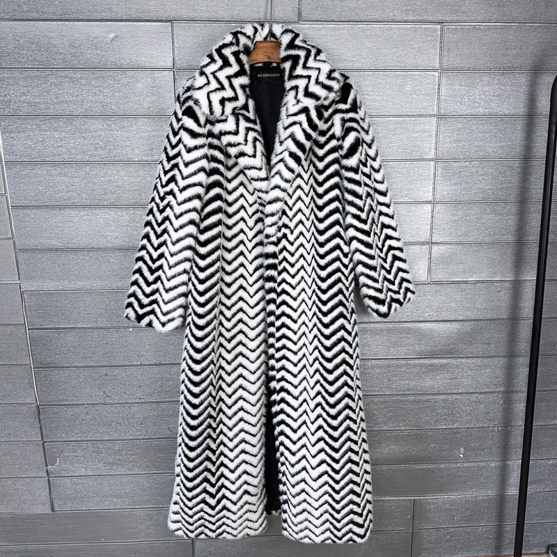 Women's Water Ripple Imitation Plush Furry Fur Lengthened Collar Long Coats