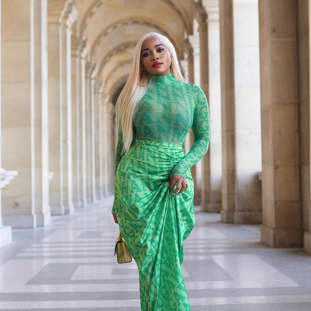 Women's Pleating Slim Fit Long Dress Two-piece Suits