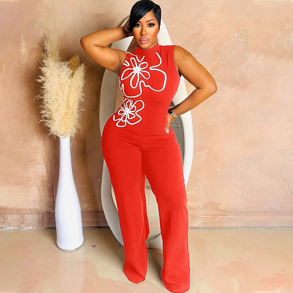 Women's Neck Sexy Sleeveless Flower Design Slim Fit Jumpsuits