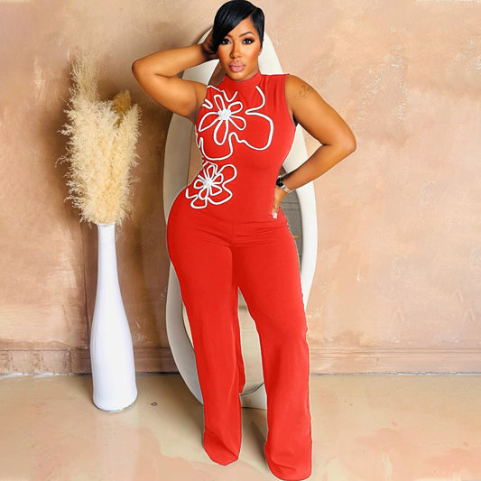 Women's Neck Sexy Sleeveless Flower Design Slim Fit Jumpsuits